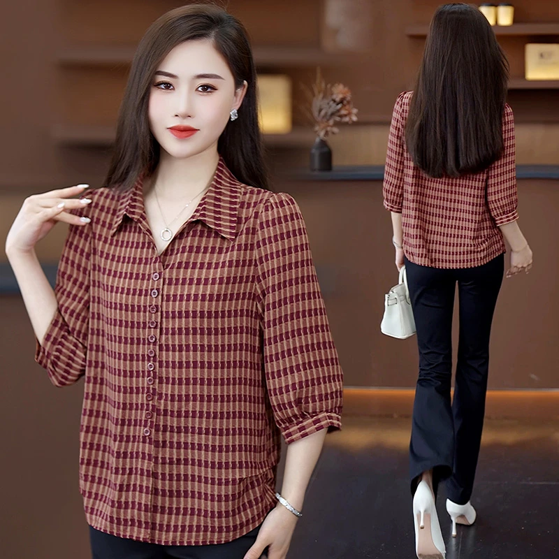 格子衬衫女款2025新款春季减龄洋气质小个子中袖上衣女士雪纺小衫