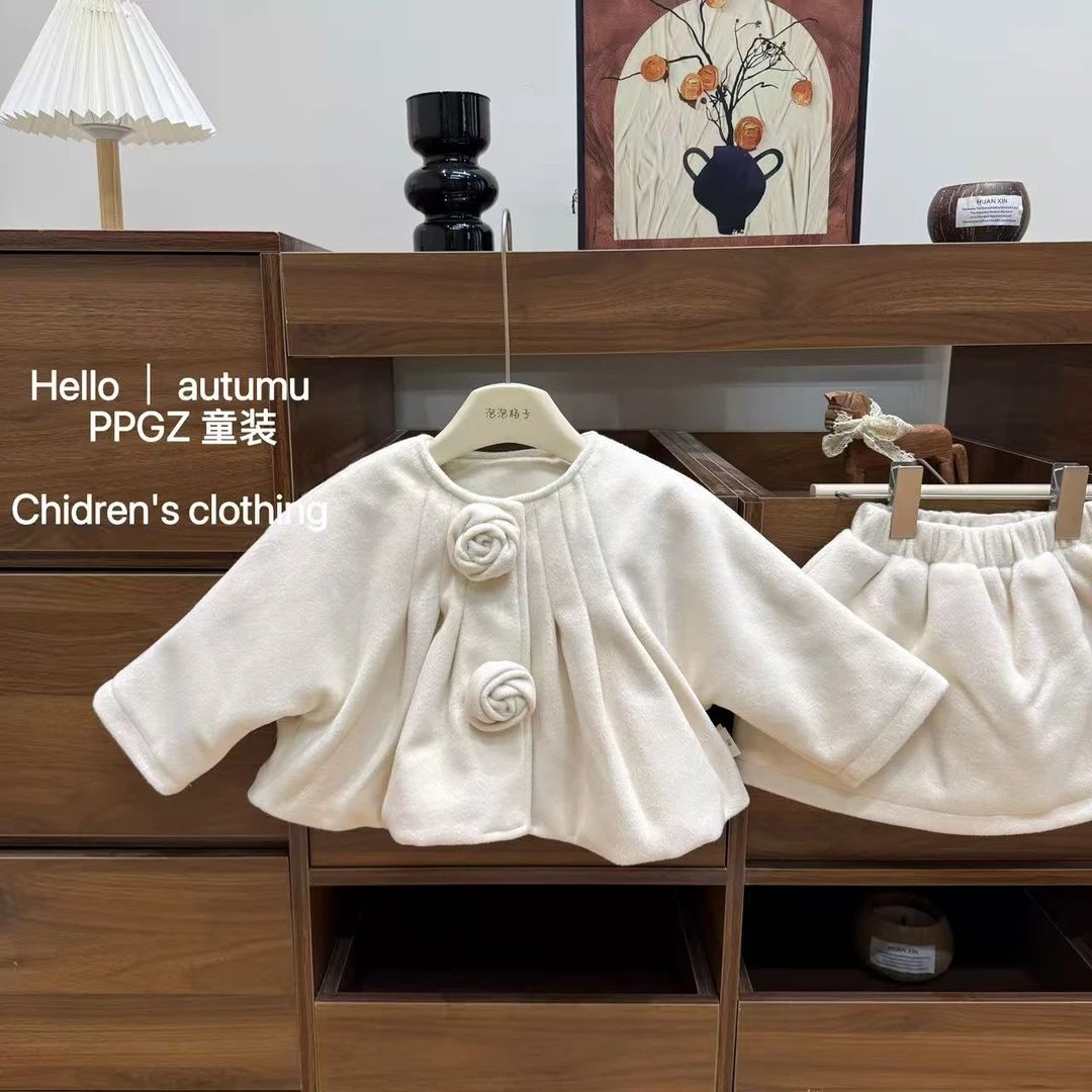 【泡泡格子】韩版秋冬新款女童花朵外套半裙套装复古洋气