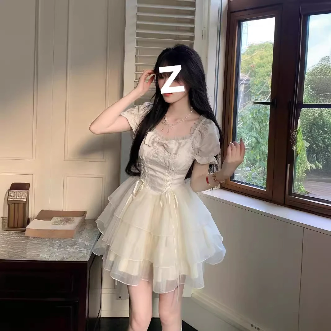 新款甜美清新公主风短袖欧根纱气质优雅蓬蓬裙女夏连衣裙夏季气质