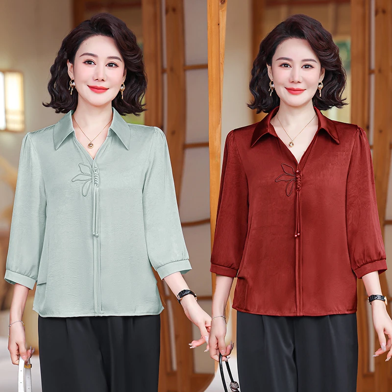 2025妈妈装夏装洋气七分袖翻领衬衫中老年女装时尚打底衫小衫上衣