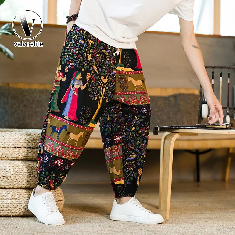 VALVOELITE中国风男士印花灯笼束脚裤复古哈伦休闲裤潮夏季九分裤