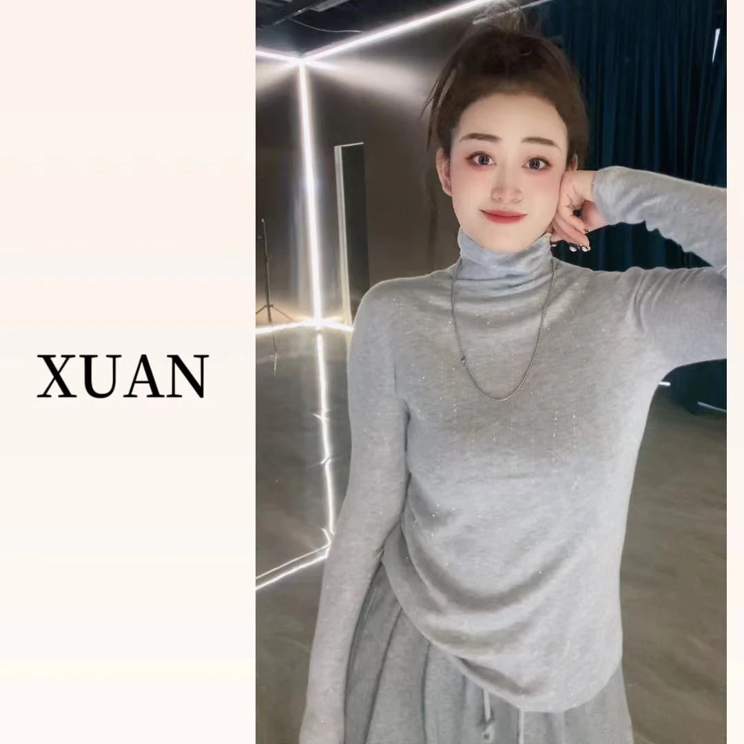 8330九炫家秋冬款纯色烫钻高领修身显瘦百搭打底衫