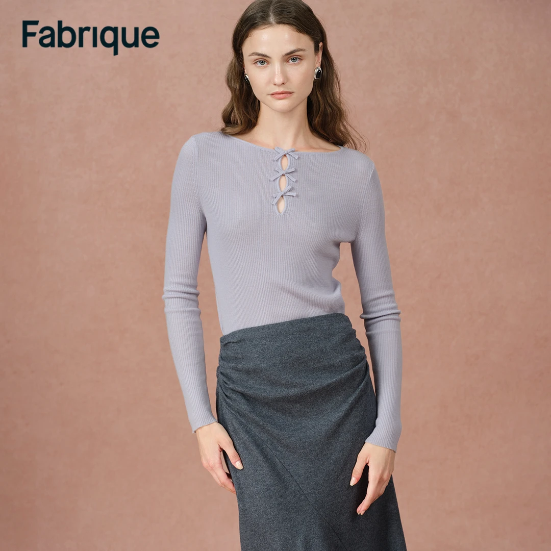 Fabrique Eden 丁香紫加厚蝴蝶结镂空船领绵羊毛法式修身针织衫