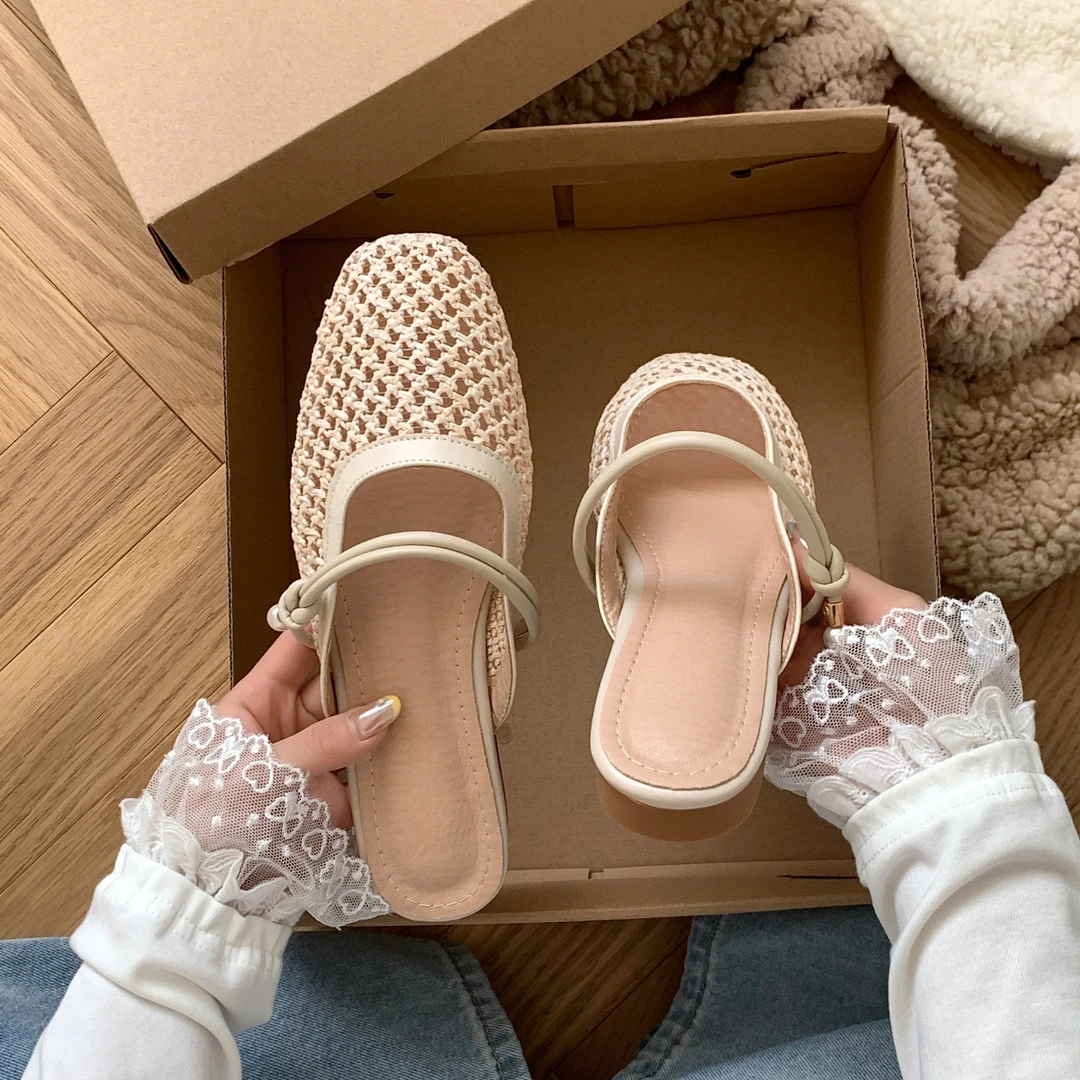 一脚蹬懒人法式平底镂空配裙子的仙女风包头半拖鞋女夏季外穿外出