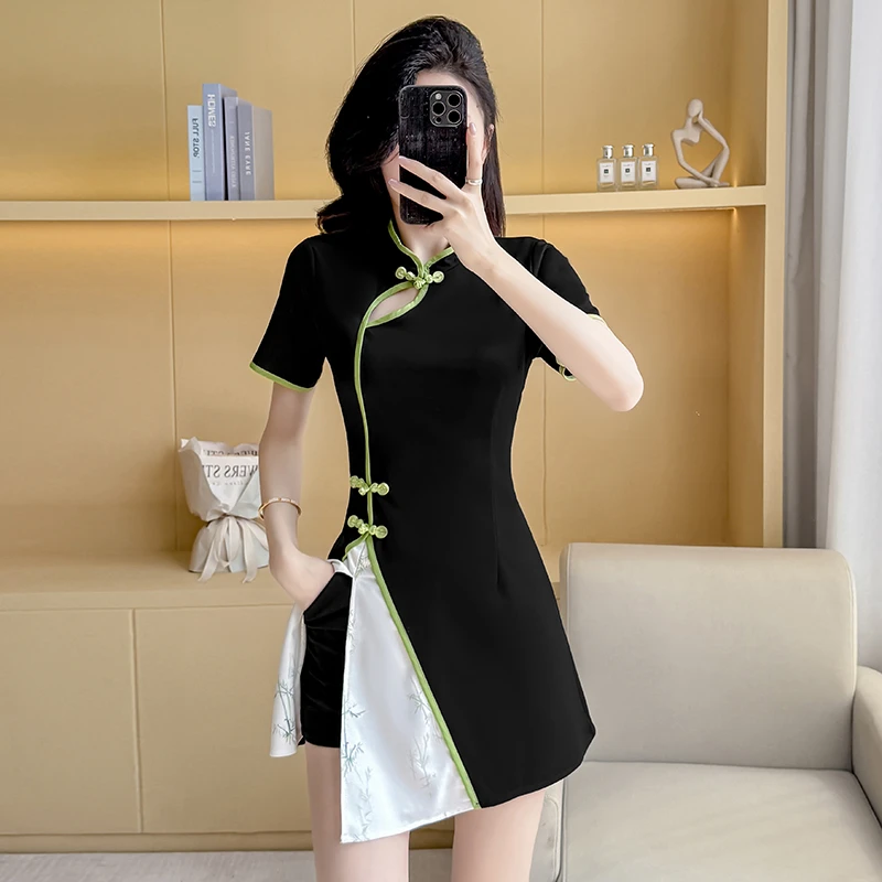 裙子性感中式时尚套装春夏气质中国风时尚连衣裙技师夏季黑色中式