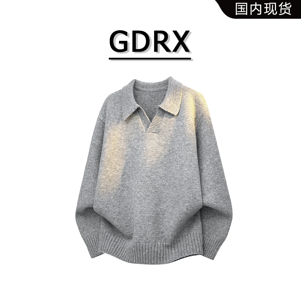 GDRX美式复古翻领毛衣男士秋季新款宽松休闲长袖polo针织衫上衣