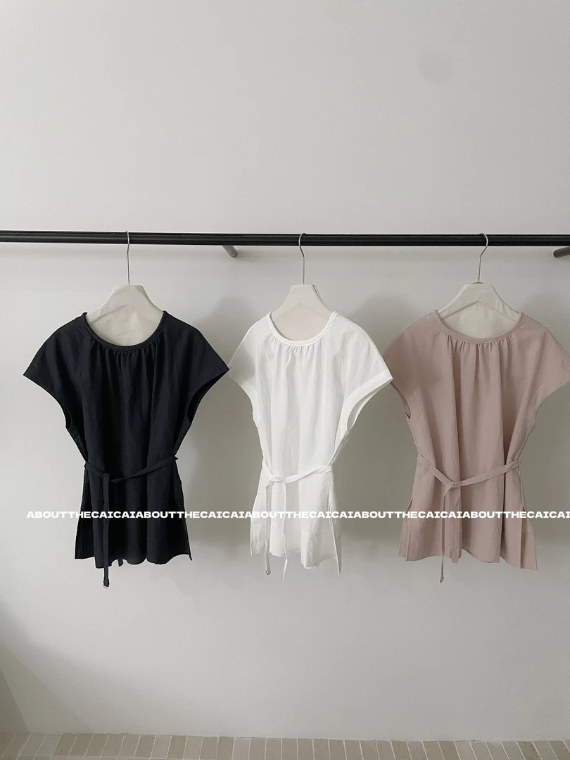 CAICAI/夏季坎肩圆领百搭休闲欧韩简约腰带短袖上衣小衫显瘦