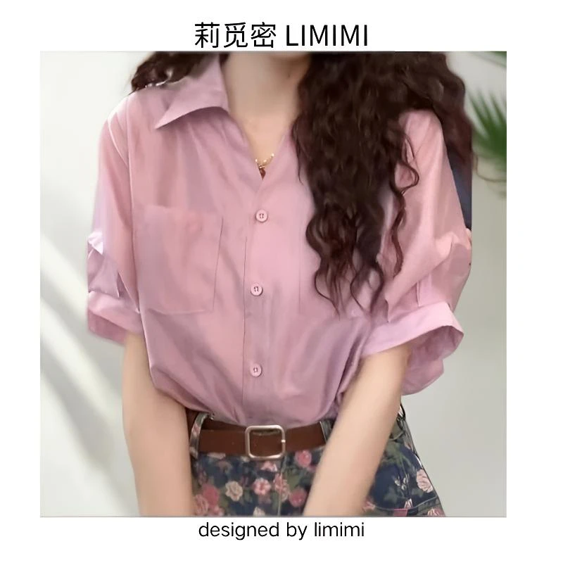 法式粉色短袖雪纺衬衫女装衬衣高级感泡泡袖上衣设计感宽松显瘦