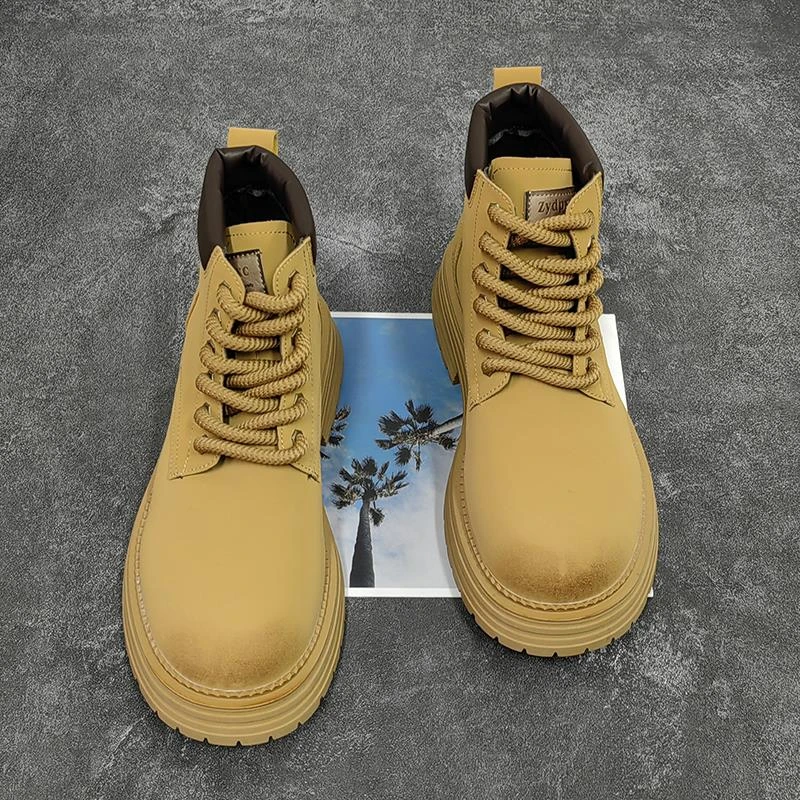 马丁靴男高帮大黄靴圆头系带英伦风大码潮流英伦风英伦高帮马丁靴
