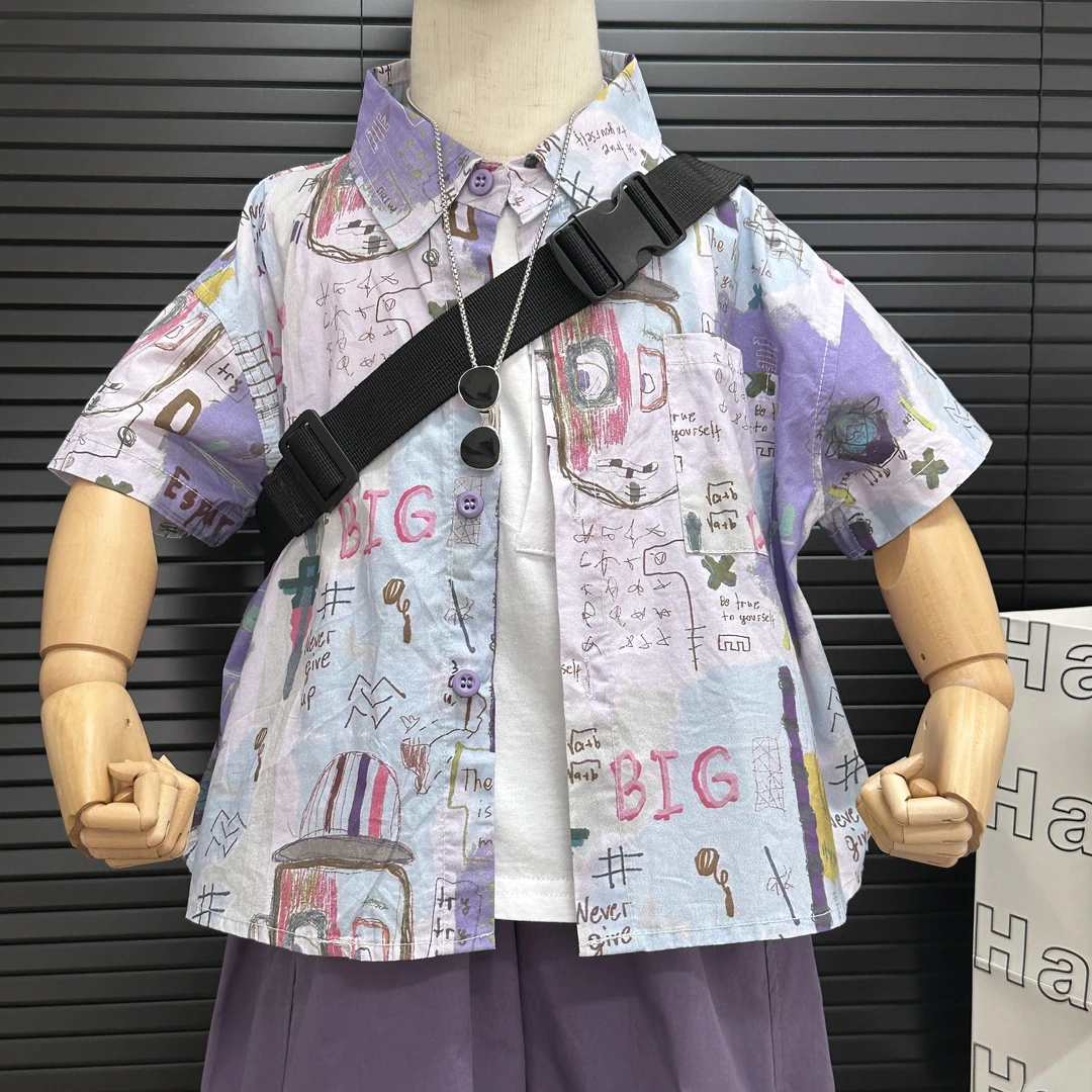 【棉的】儿童衬衫夏季新款男童短袖韩版字母涂鸦漫画上衣AX842