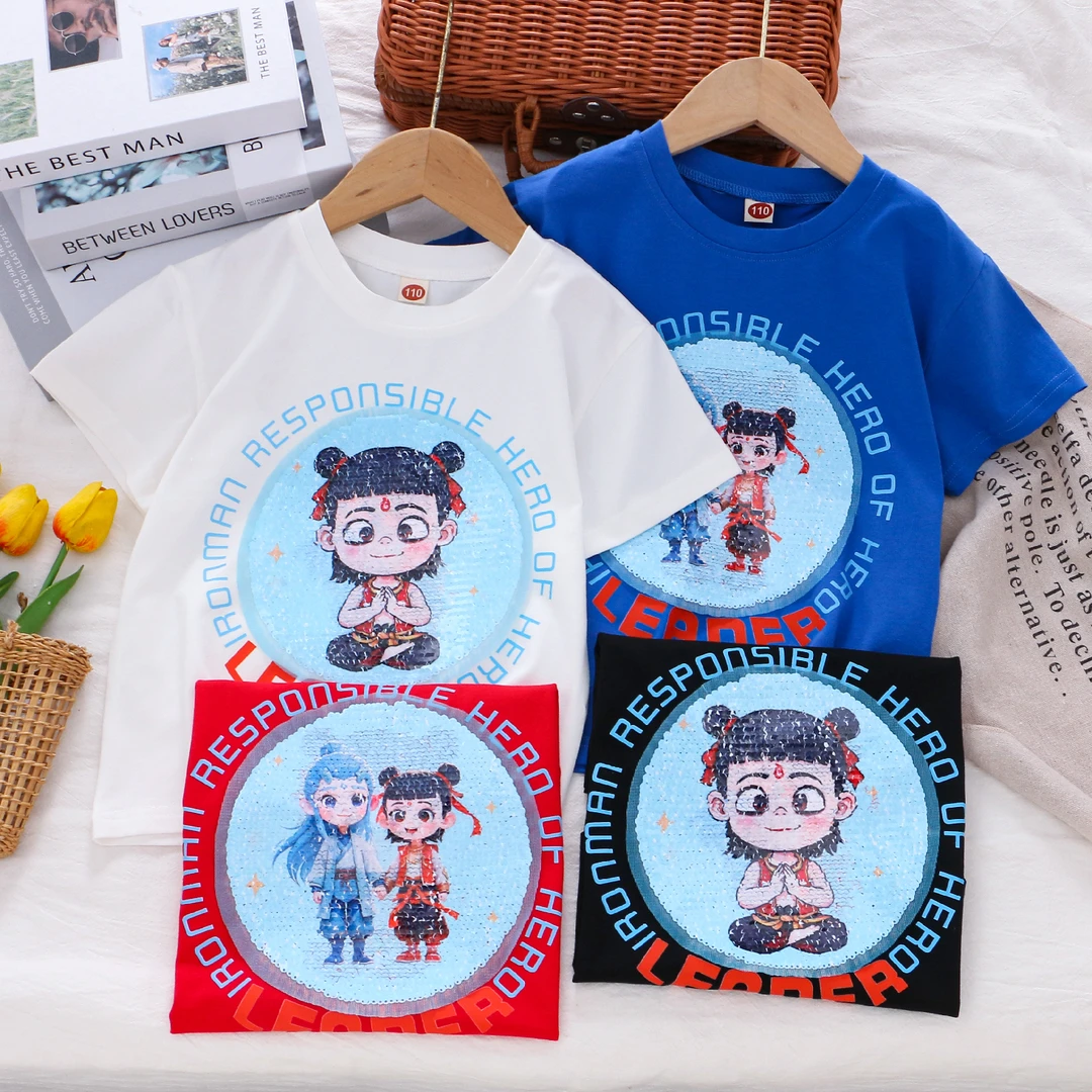 儿童哪吒纯棉t恤短袖leader夏季男童双面亮片变色上衣潮童短袖