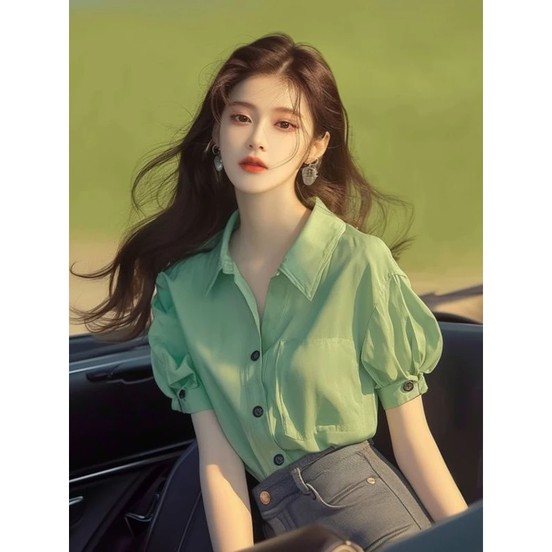 时尚法式轻熟风薄荷时尚新款绿色短袖衬衫女设计感小众别致独时尚
