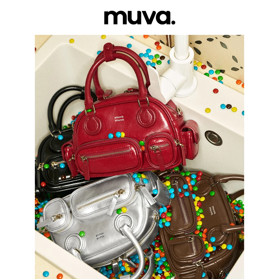 MUVA真皮保龄球包多口袋手提包机车风可单肩斜挎甜酷新品