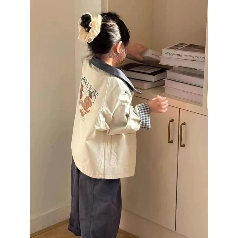 女童卡通格子外套2025春夏新款韩版女宝宝洋气百搭两面穿翻领夹克
