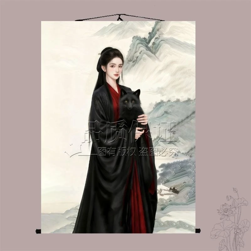 黑色九尾狐卷轴挂画客厅供奉狐狸堂口招财胡家娘娘画像装饰画定制