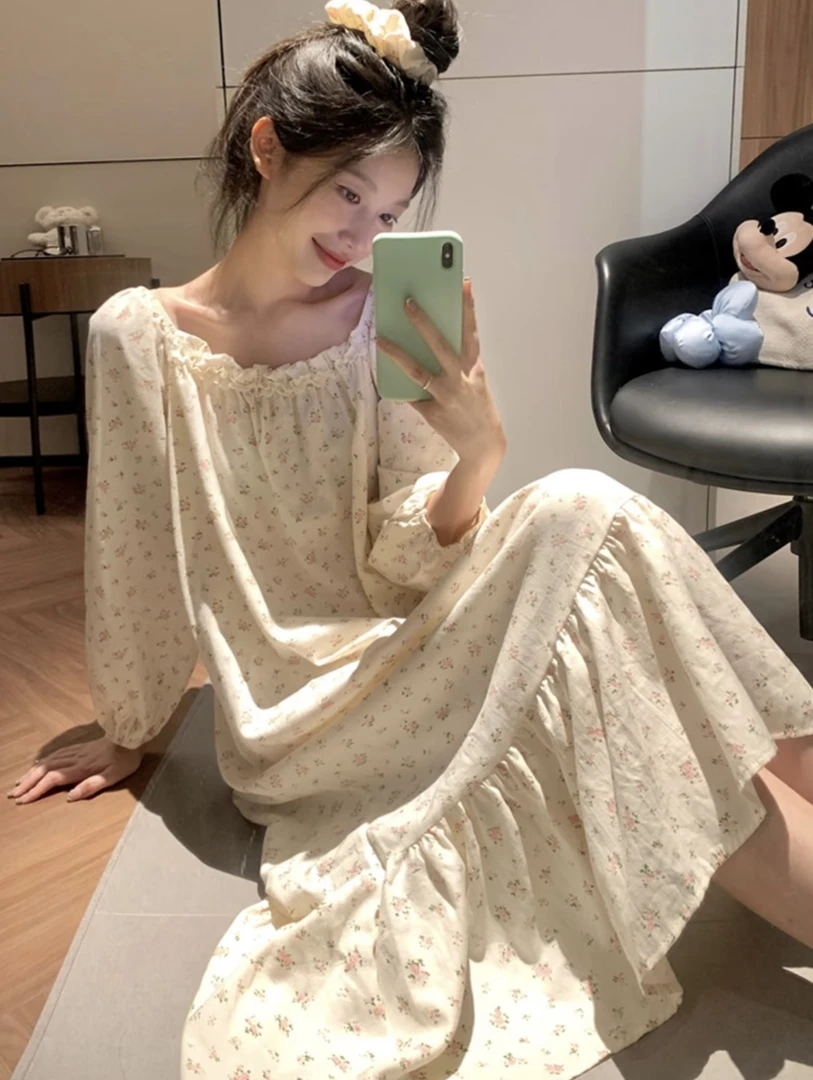 2045大码宽松秋季睡衣女长袖碎花裙甜美睡裙圆领减龄可外穿家居服