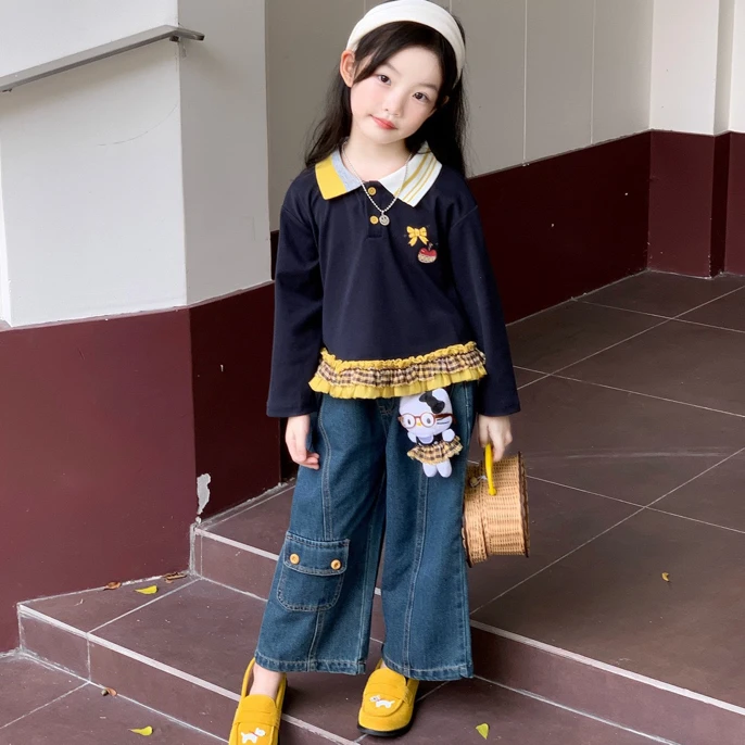 2025秋季新款女童洋气花边POLO领打底衫+口袋牛仔直筒裤两件套潮