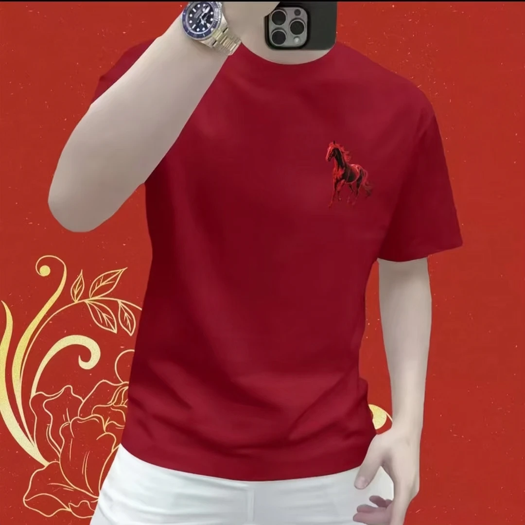 2026马年爆款骏马印花纯棉短袖T恤男士本命年红色高级感体恤上衣