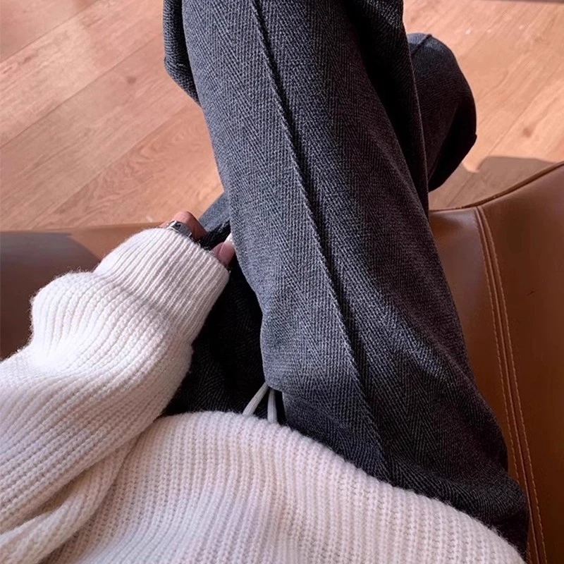 深灰色休闲阔腿裤女秋冬新款显瘦直筒裤高腰加绒保暖人字纹毛呢裤