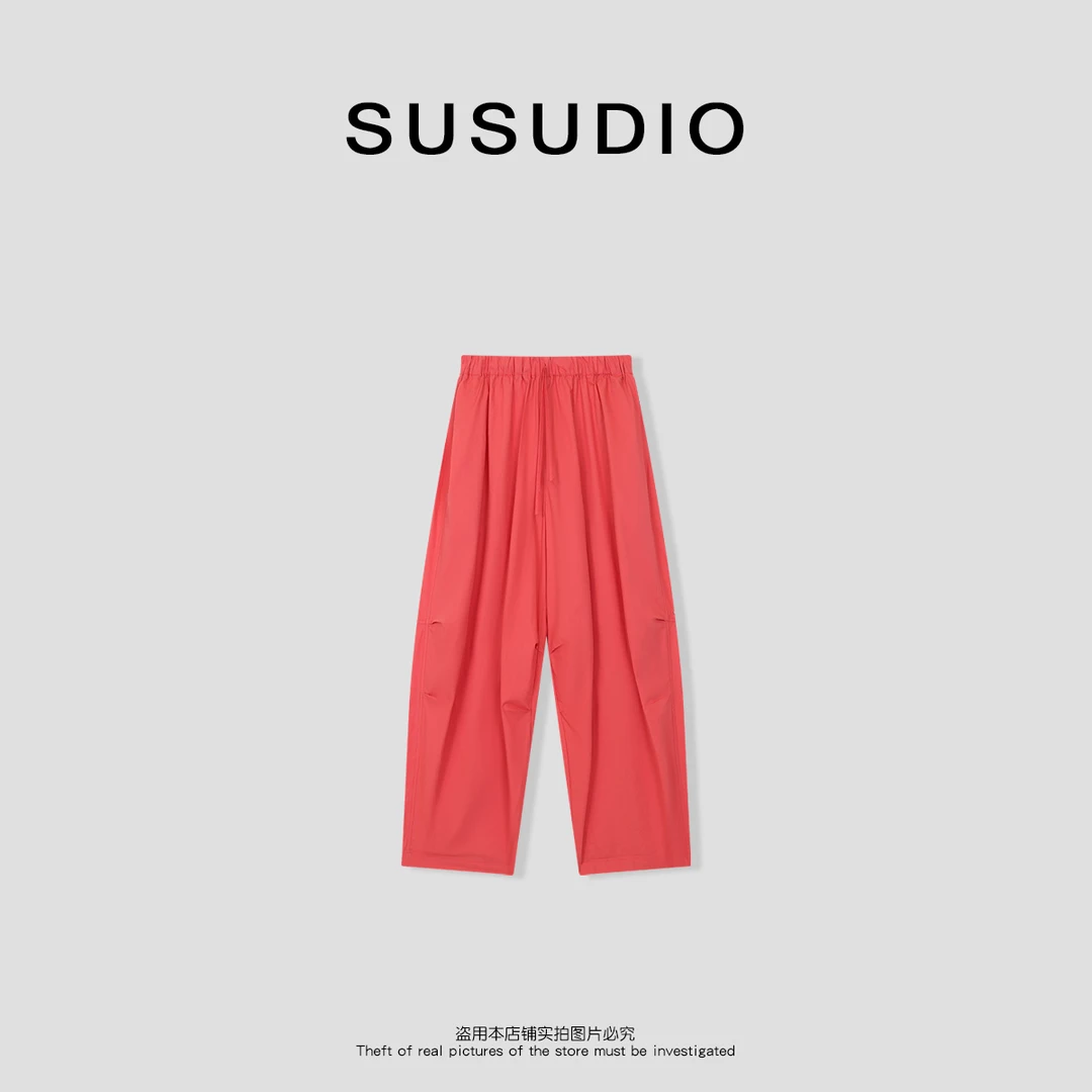 SUSUDIO 100棉 夏季松紧腰纯色褶皱阔腿轻盈透气休闲裤 40580
