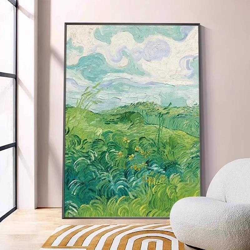 大芬村手绘梵高绿色麦田肌理油画现代简约客餐厅玄关装饰画