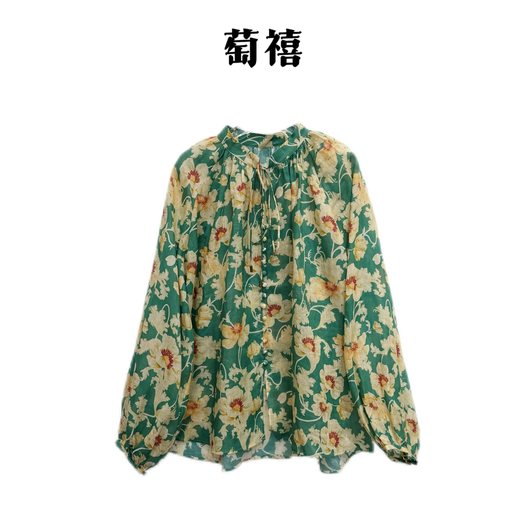 【萄禧-柳岸风】新款时尚高级花卉百搭休闲衬衫碎花衬衣KDN2525