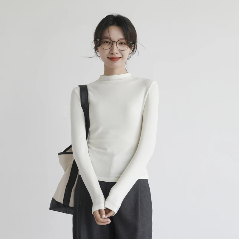 醋酸德绒羊毛T恤长袖女秋冬保暖修身内搭叠穿打底衫半高领针织衫