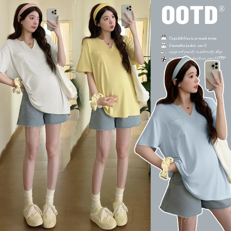 2025孕妇上衣长款短袖V领显瘦宽松大版T恤夏季孕妇装外出气质