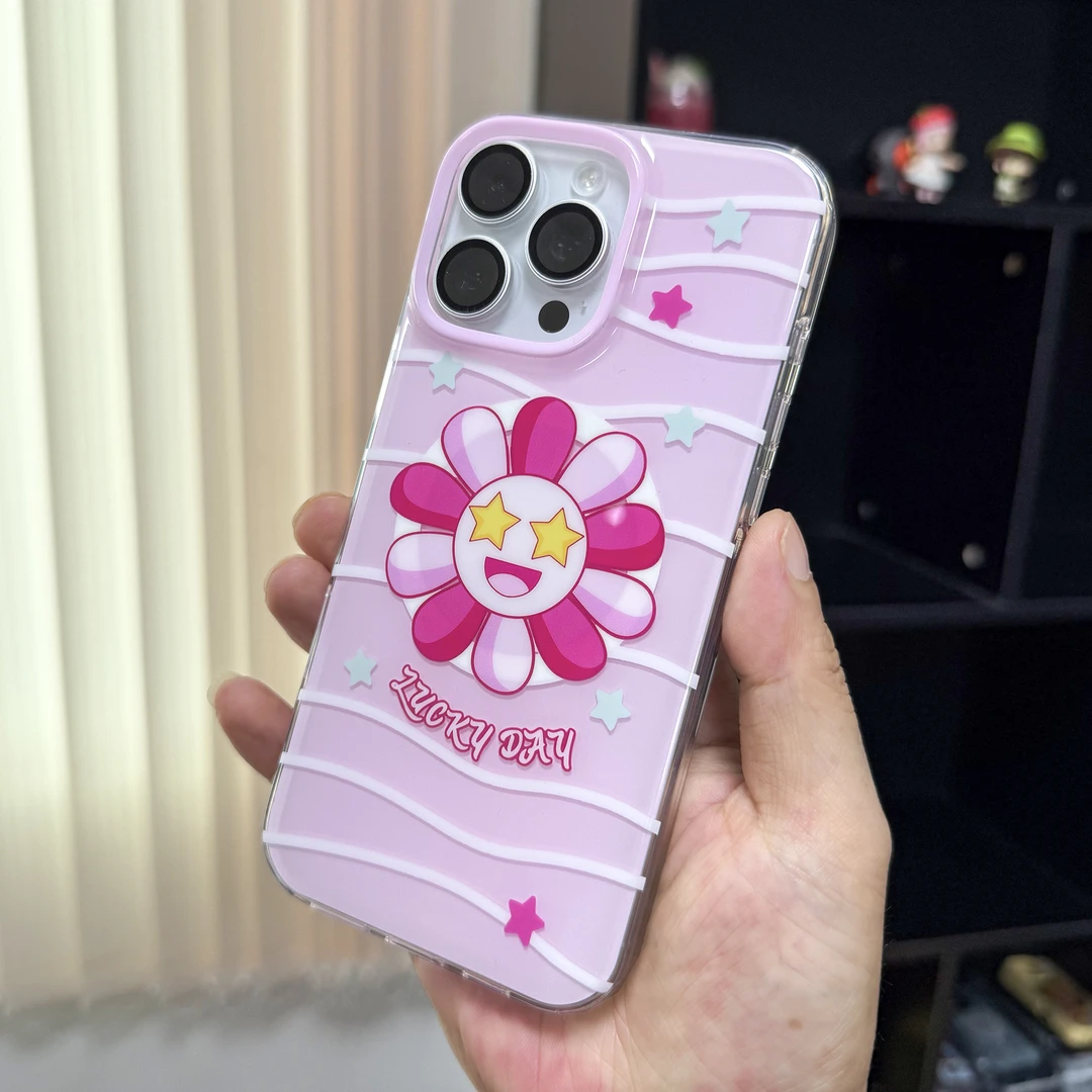 可爱少女创意防摔适用苹果16/15/14/13磁吸手机壳太阳花透明粉色