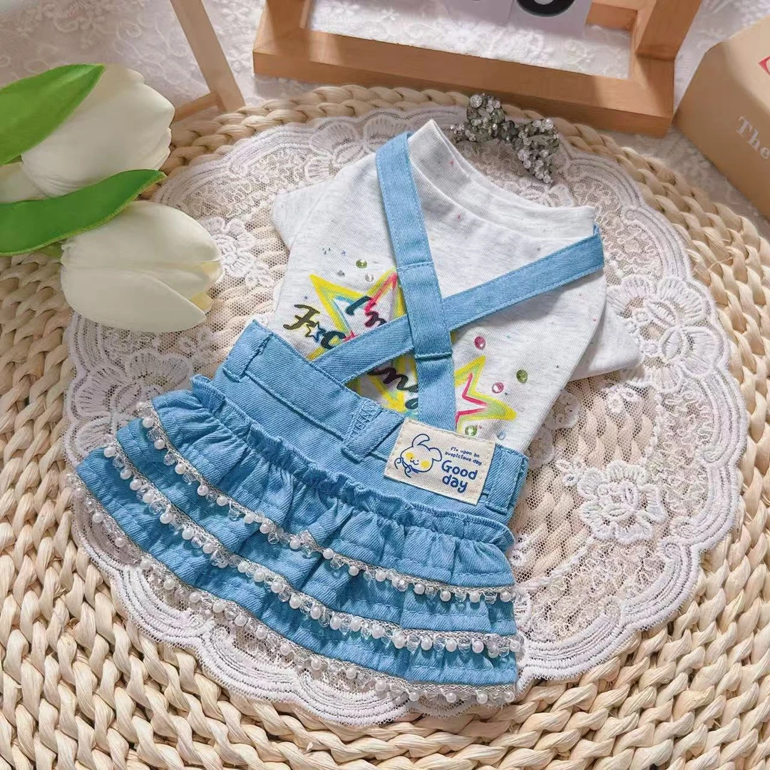 SUKI MOMO早秋新款宠物服星星打底衫牛仔背带裙