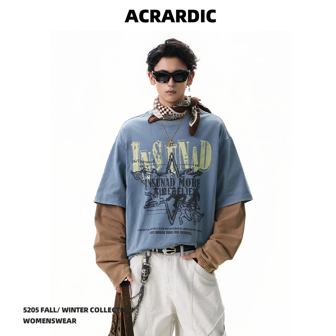 ACRARDIC美式字母假两件套头卫衣男高街痞帅小众vibe宽松水洗上衣