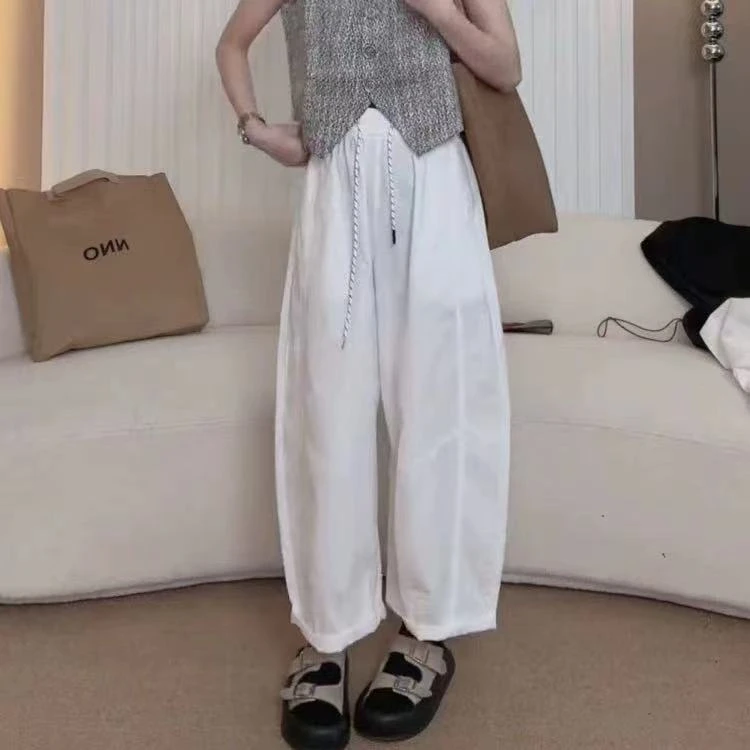 简约速干薄款松紧抽绳腰冲锋气球裤女阔腿哈伦休闲九分裤子夏