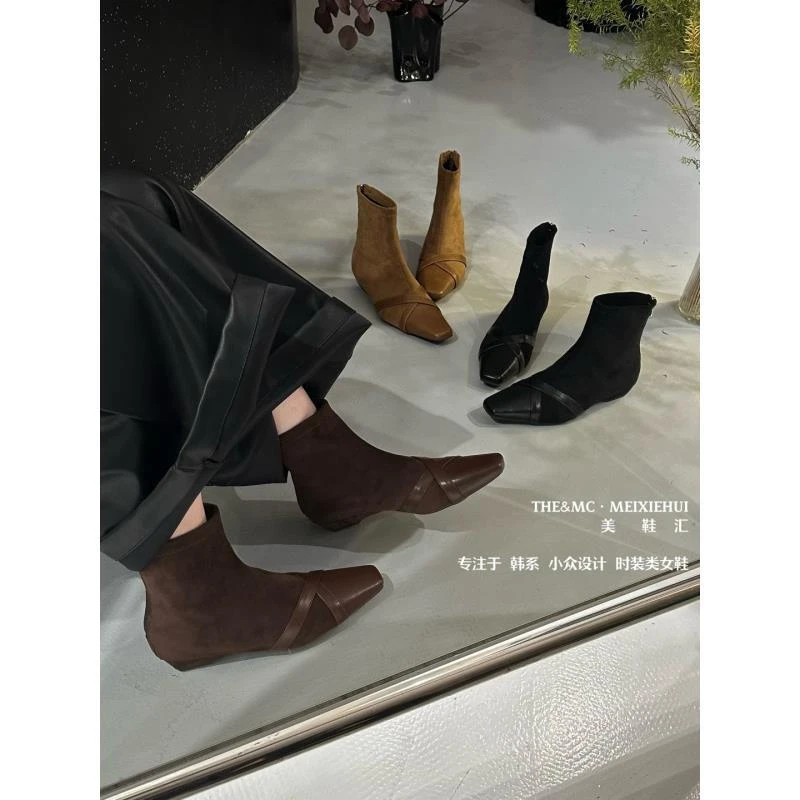 法式复古~绒面巨好看短靴时尚洋气小踝靴 弹力瘦瘦靴女1888-9/D5