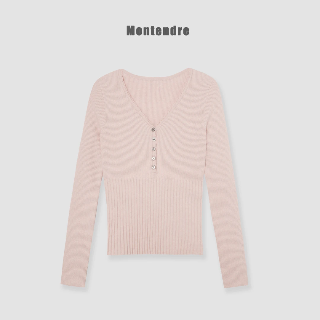 【MonTendre】秋冬新款 A 百搭V领气质长袖上衣拼接修身毛针织衫女