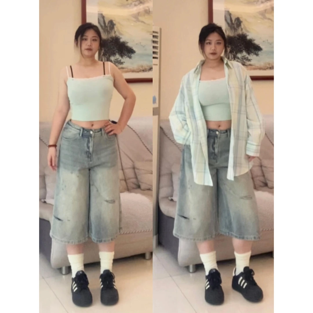 美式复古破洞牛仔七分裤女夏季中裤大码胖mm阔腿宽松显瘦直筒短裤
