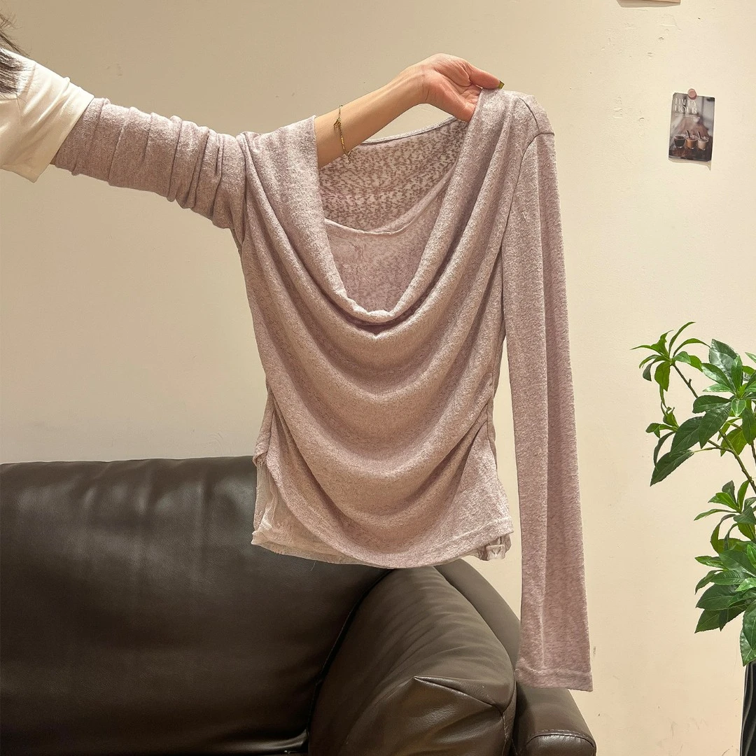 超漂亮独特荡领蕾丝拼接长袖T恤女2025夏季新款修身收褶显瘦上衣