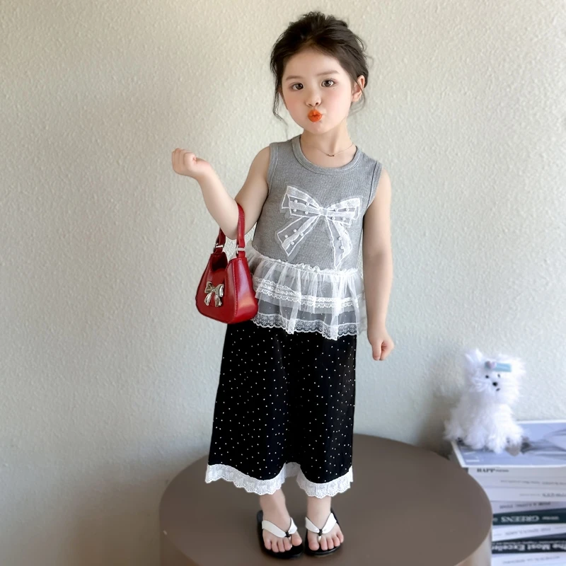 女童套装2025新款儿童夏款网纱花边背心蕾丝蝴蝶结上衣休闲阔腿裤
