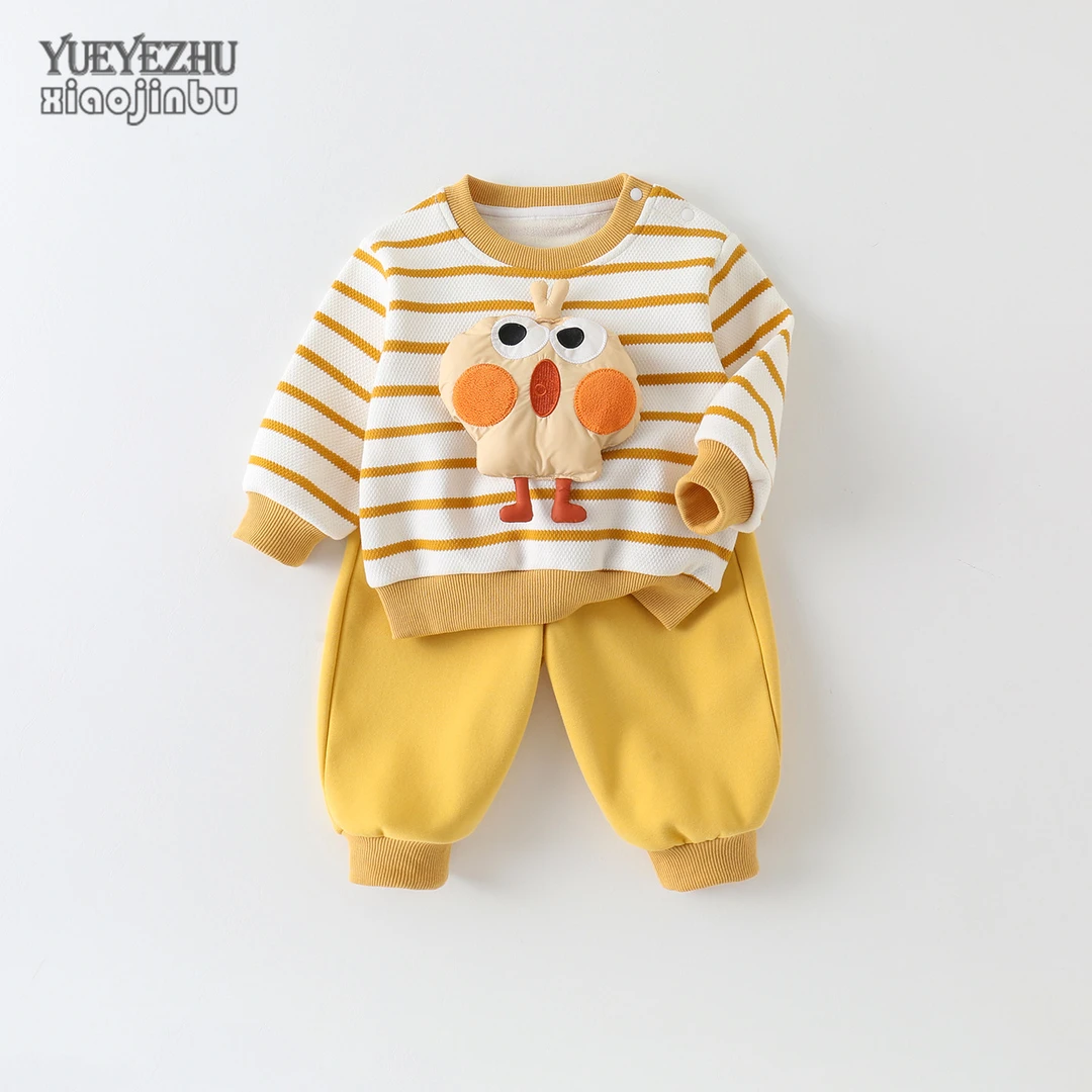 宝宝一体绒卫衣套装秋冬婴幼儿衣服深秋韩版卡通休闲两件套小童装