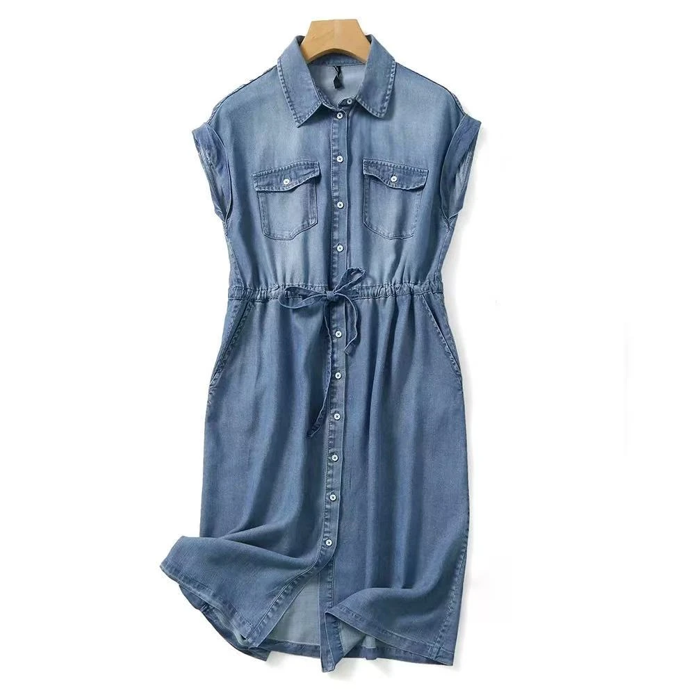 8879 百+欧美夏季系带收腰牛仔连衣裙女博款气质休闲通勤无袖