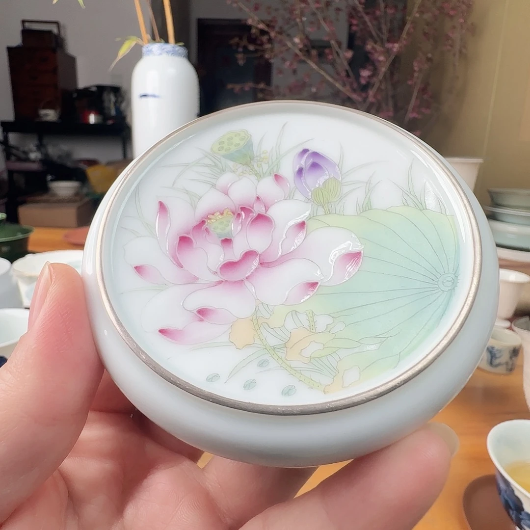 陶摆件珐琅彩荷花