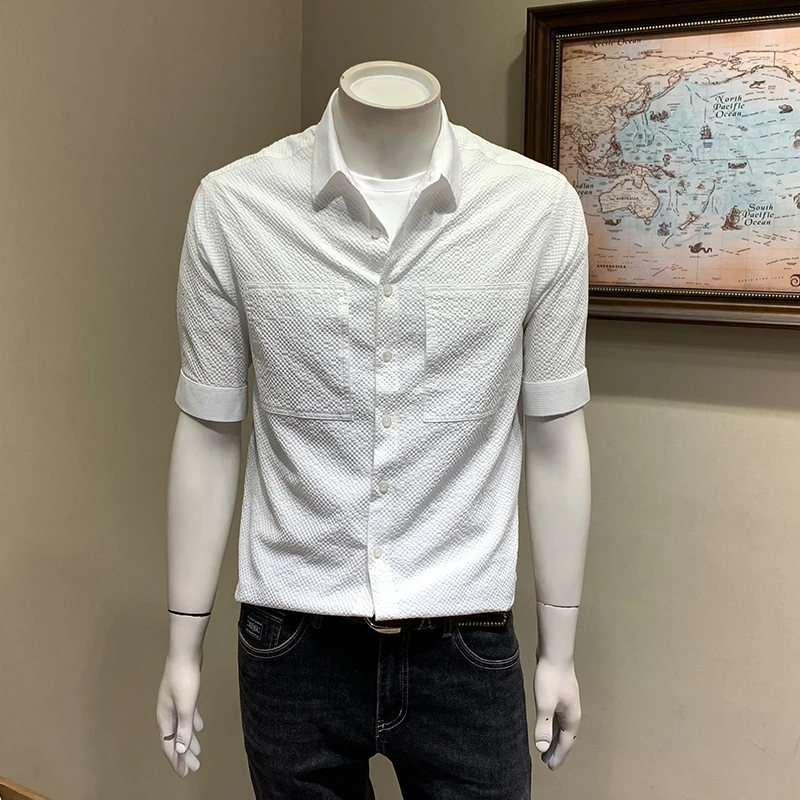 哈逊梅奈夏季男士潮流华夫格短袖衬衫休闲纯色时尚五分袖男款上衣
