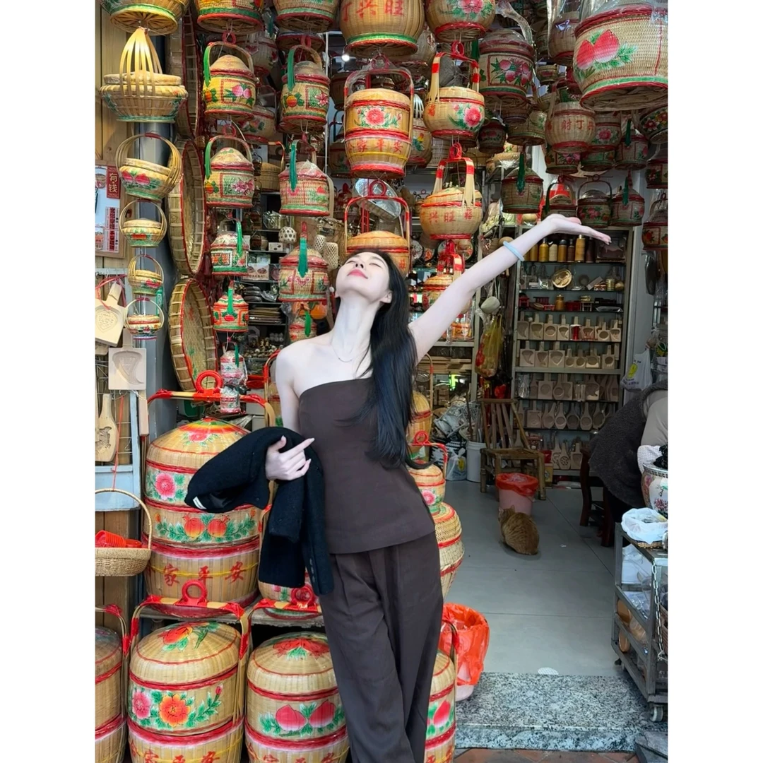 【竹枝】极简抹胸松紧拉链背心阔腿裤套装