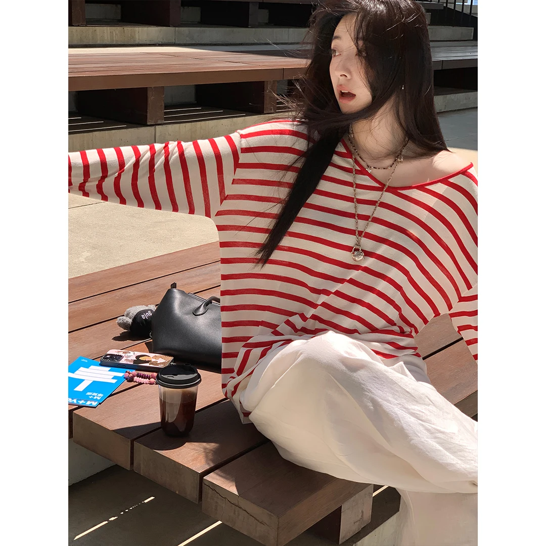 夏诗文 亚麻天丝莱赛尔大V领针织衫女夏条纹落肩T恤