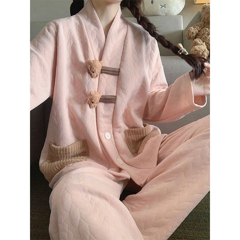 秋冬季爆款甜美风小熊纽扣睡衣女款空气棉夹层粉色家居服保暖套装