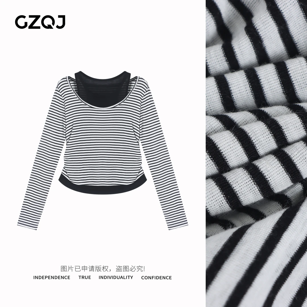 老琴私服【条纹假两件】时尚简约条纹圆领休闲长袖T恤女春夏29057