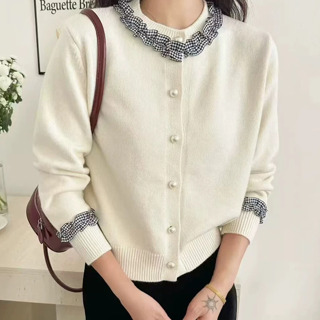 女6827毛针织衫法式拼接格纹针织开衫白色百搭撞色秋冬