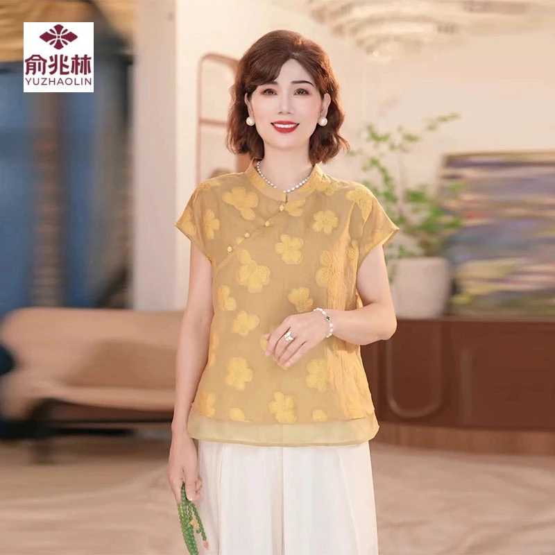 新款时尚中年妈妈夏装中式小衫洋气减龄显瘦中老年女装绣花T恤衫