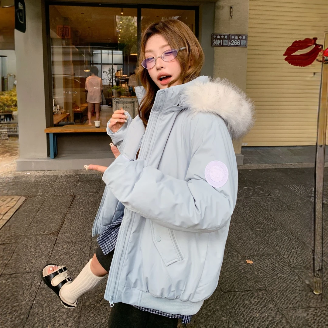 冰川蓝大毛领派克棉服女工装外套小个子冬季宽松棉衣oversize连帽