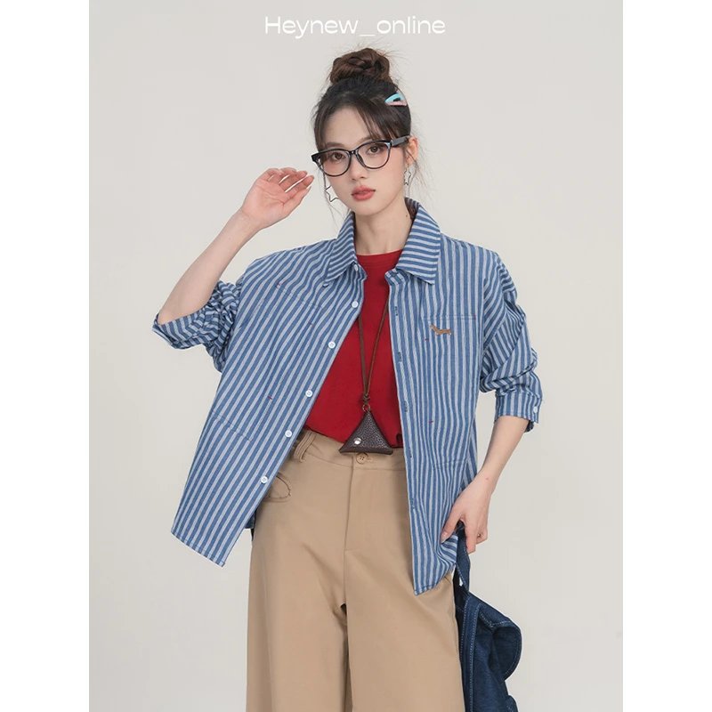 【新款上新】蓝色小众刺绣腊肠小狗条纹衬衫外套通勤上衣-5C320