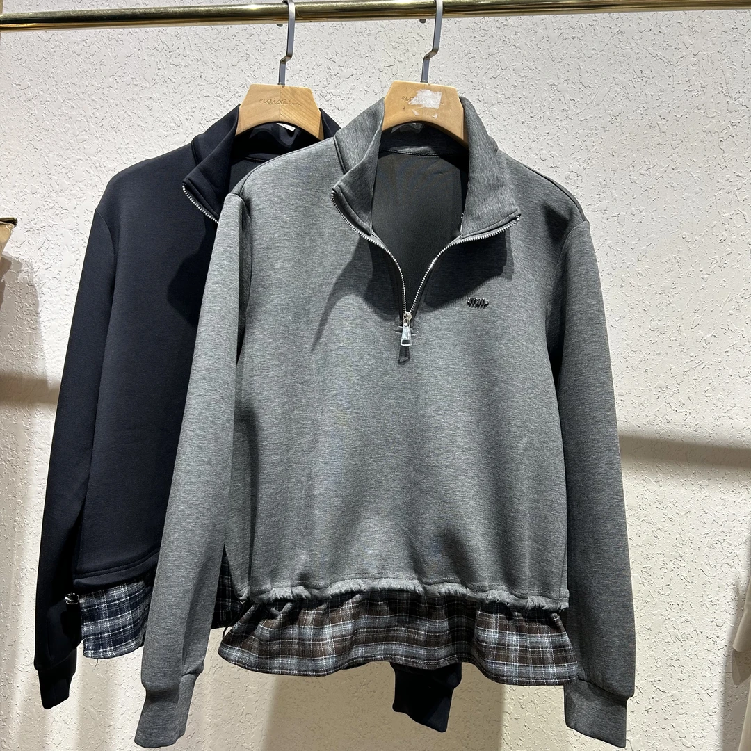 长袖套头卫衣高领拼接立领格子运动翻领短款静奢风